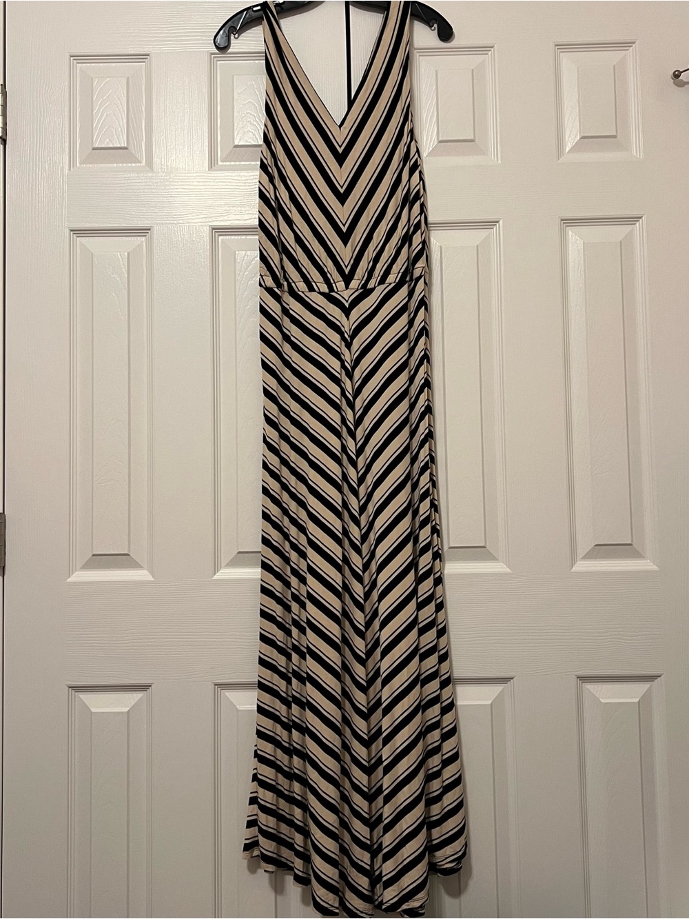 Calvin Klein Sleeveless V-Neck Striped Maxi Dress in Beige and Black